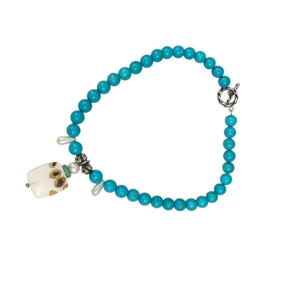 Handcrafted Faux Turquoise Bead Necklace With Unique Ceramic Pendant and Metal A - Picture 5 of 9